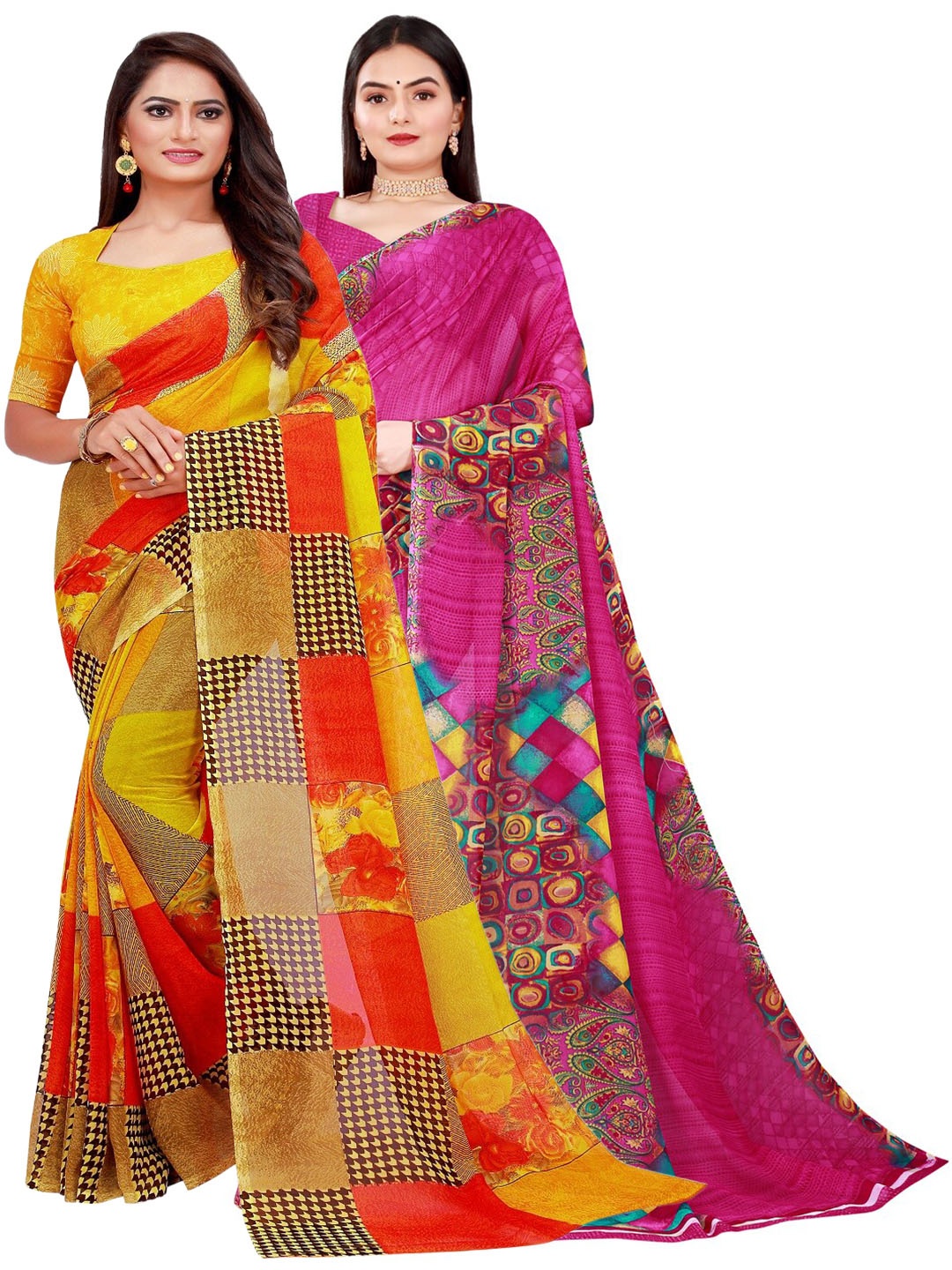 

KALINI Magenta & Yellow Set Of 2 Floral Pure Georgette Saree