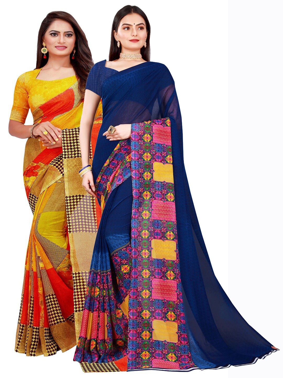 

KALINI Yellow & Navy Blue Set of 2 Floral Printed Georgette Saree