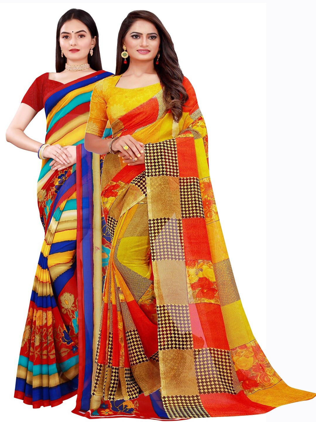 

KALINI Pack of 2 Yellow & Blue Pure Georgette Sarees