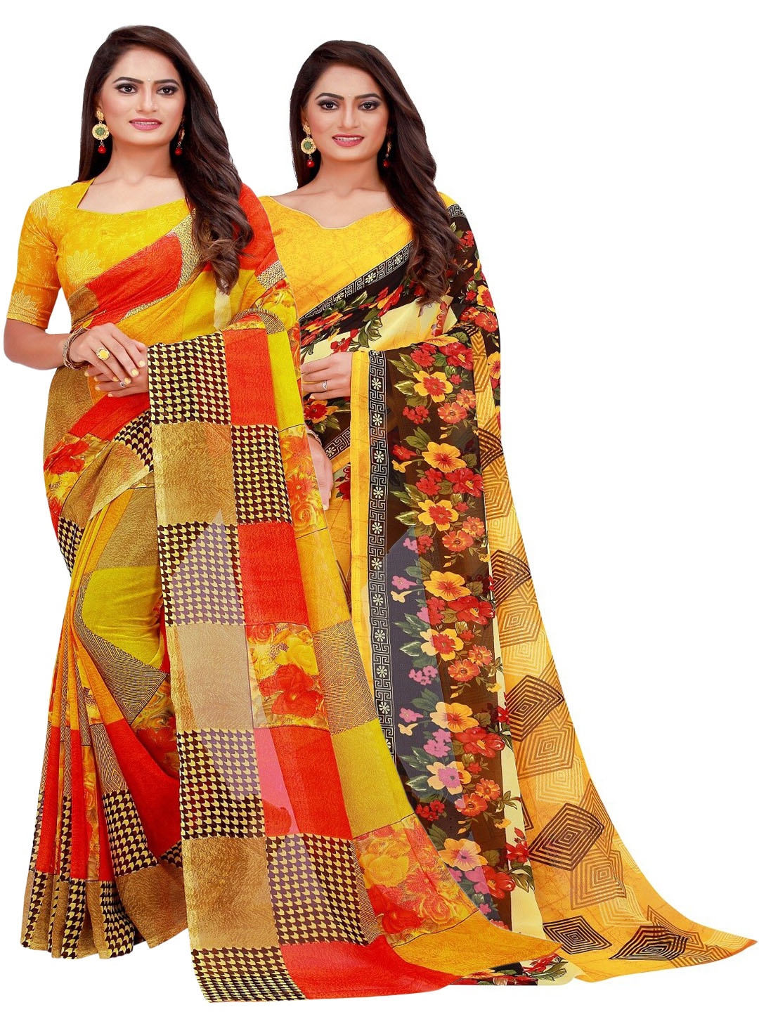 

KALINI Pack of 2 Printed Pure Georgette Sarees, Yellow