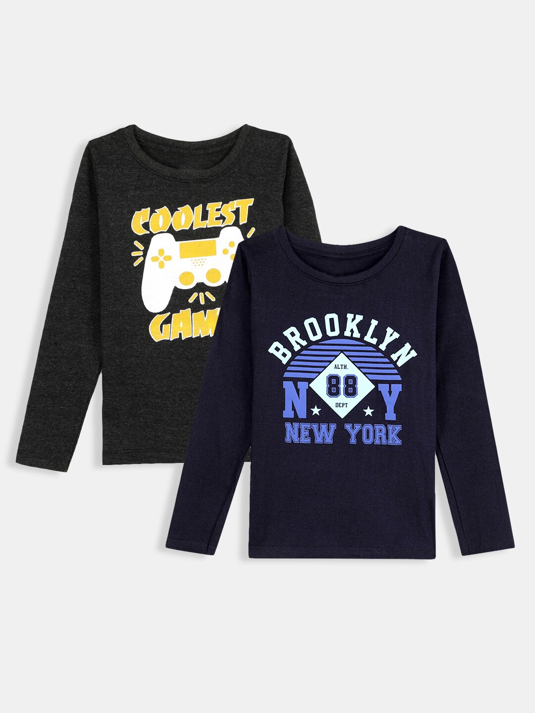 

Hopscotch Boys Navy Blue & Charcoal Typography Set Of 2 Printed Cotton T-shirt