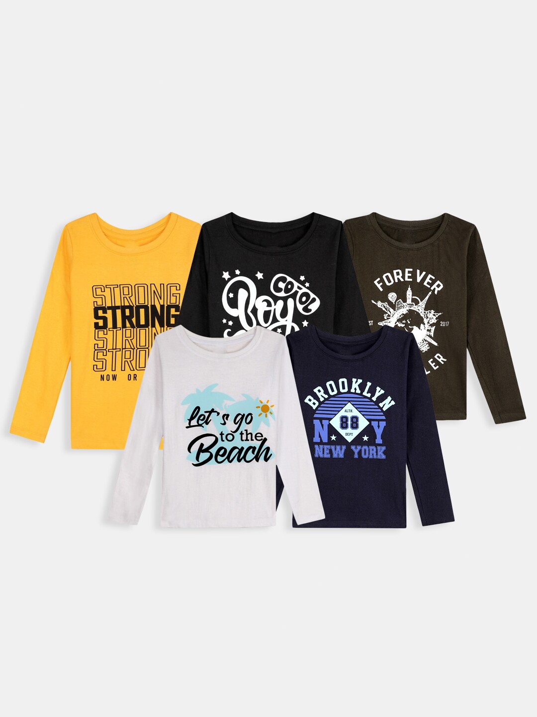 Hopscotch Boys Multicoloured Typography Set Of 5 Printed Cotton T-shirt, Multi