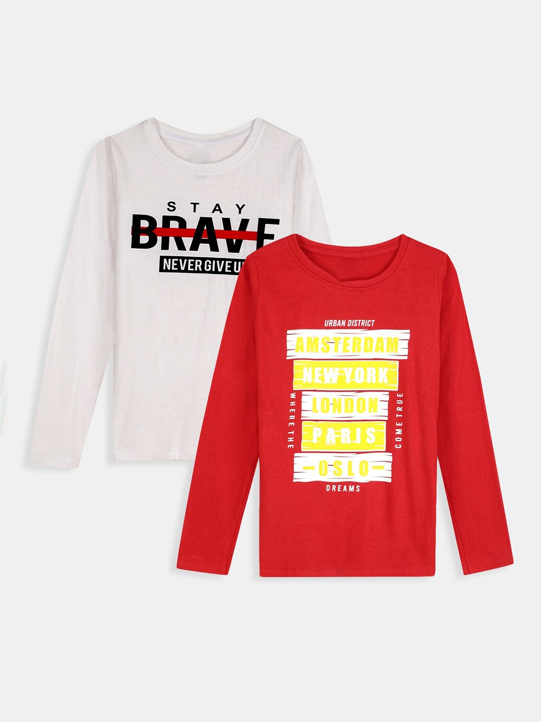

Hopscotch Boys Red & White Typography Set Of 2 Printed Cotton T-shirt
