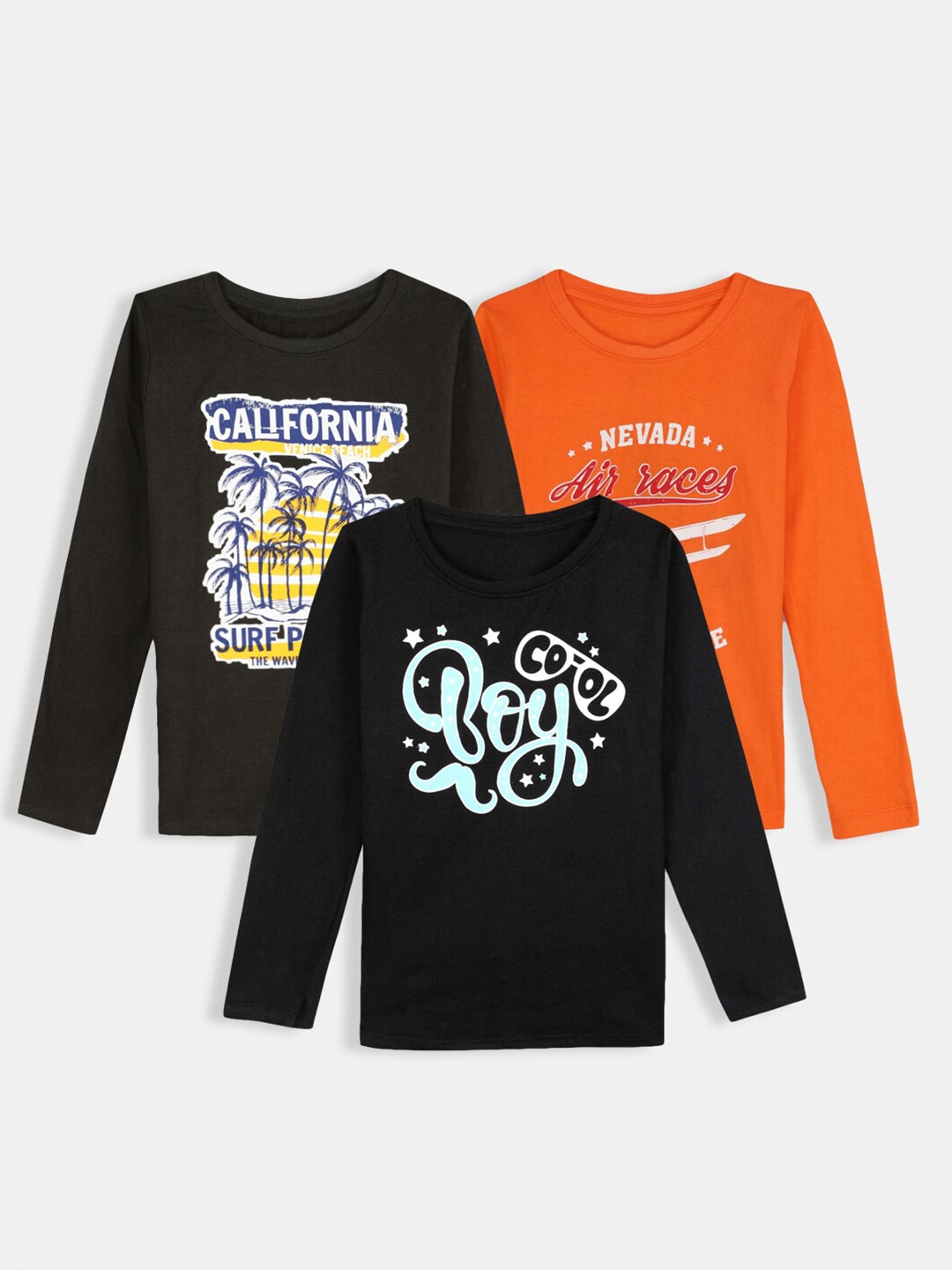 

Hopscotch Boys Black & Orange Typography Set Of 3 Printed Cotton T-shirt