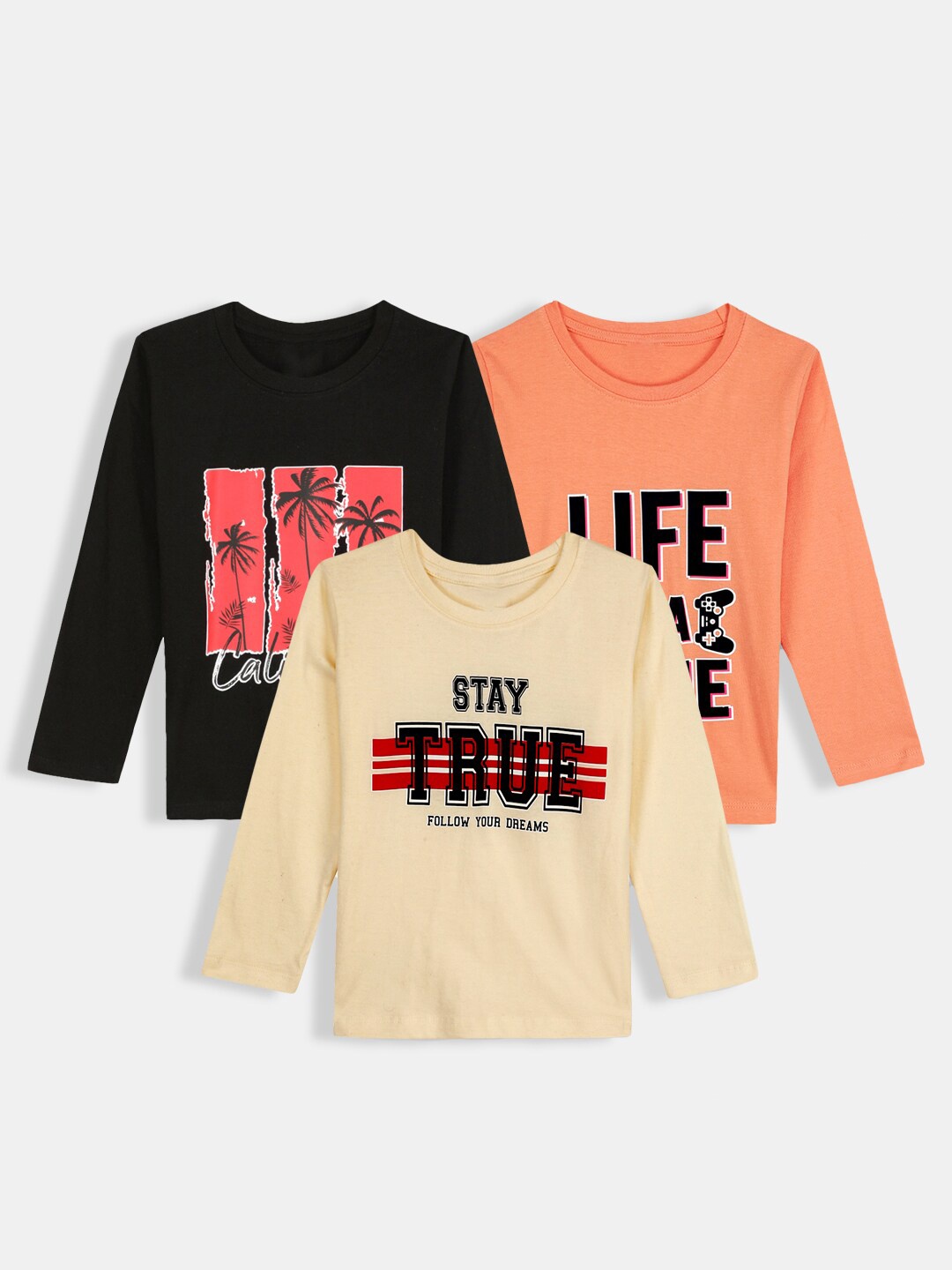

Hopscotch Boys Typography Set Of 3 Printed Cotton T-shirt, Orange