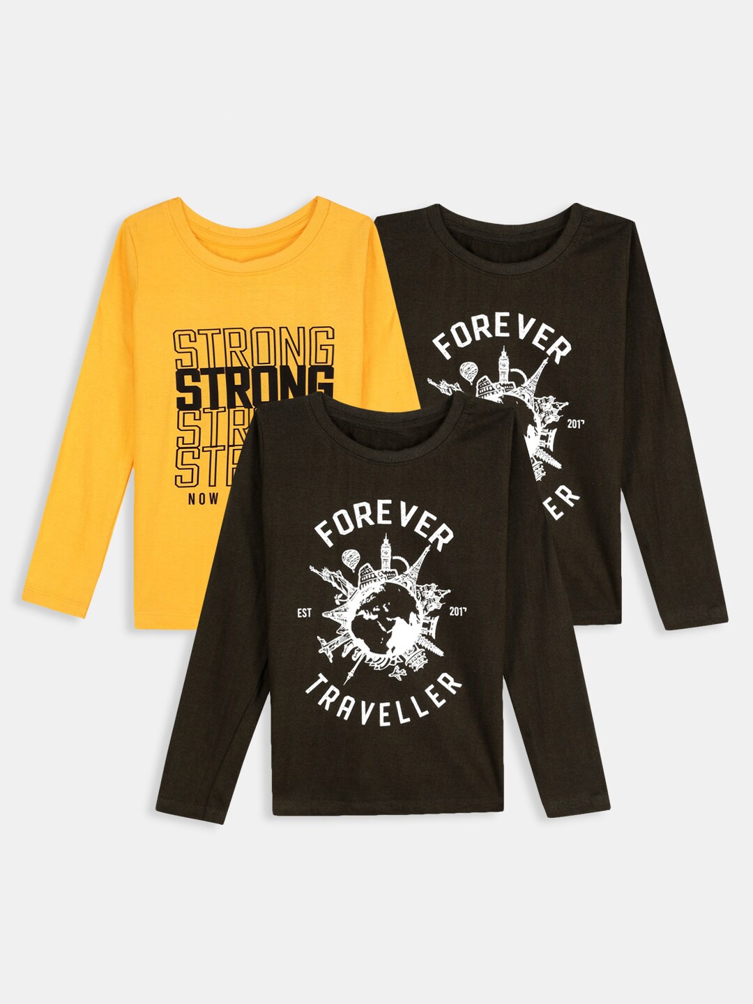 

Hopscotch Boys Typography Set Of 3 Printed Cotton T-shirt, Yellow
