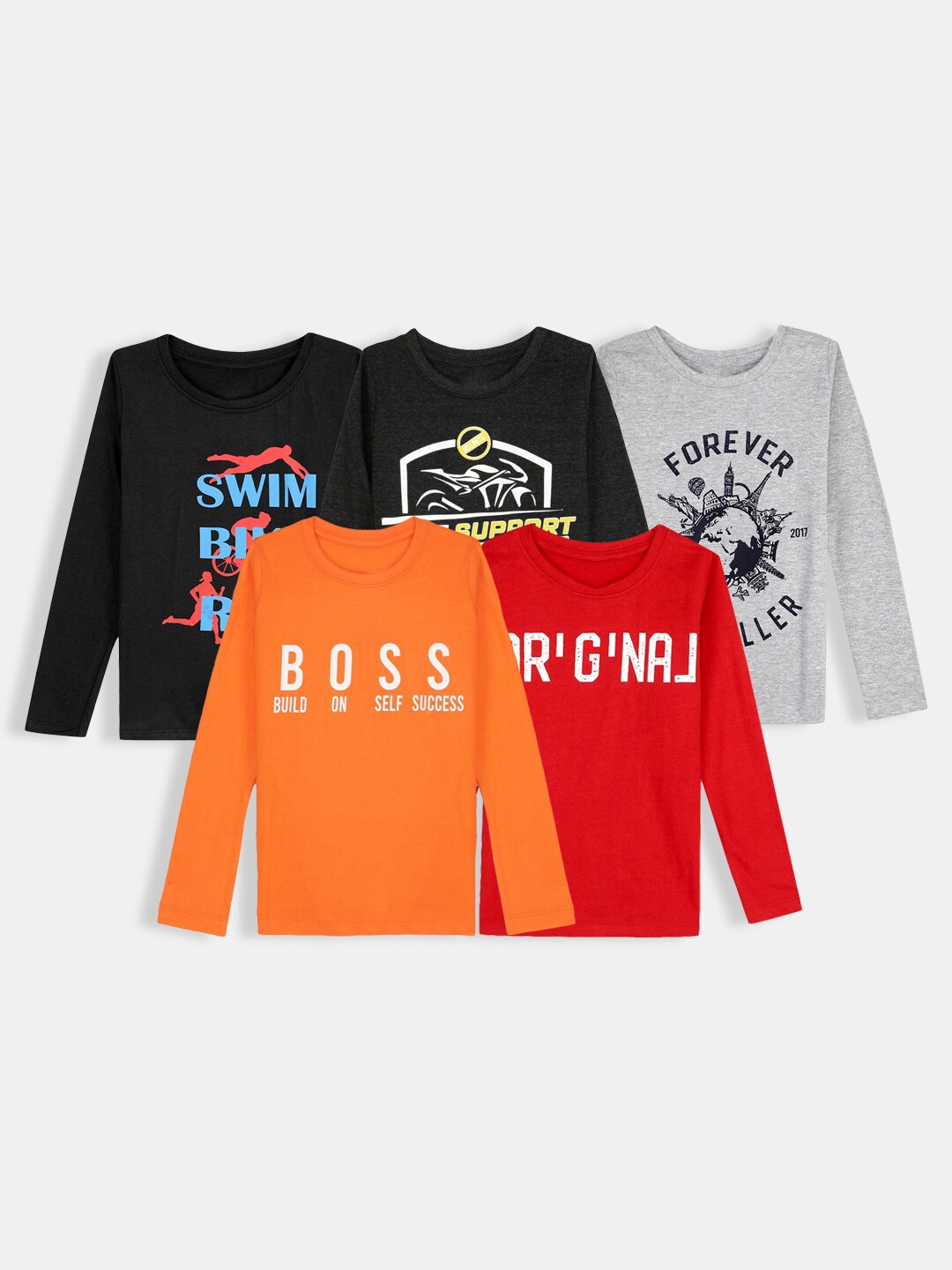

Hopscotch Boys Typography Set Of 5 Printed Cotton T-shirt, Orange
