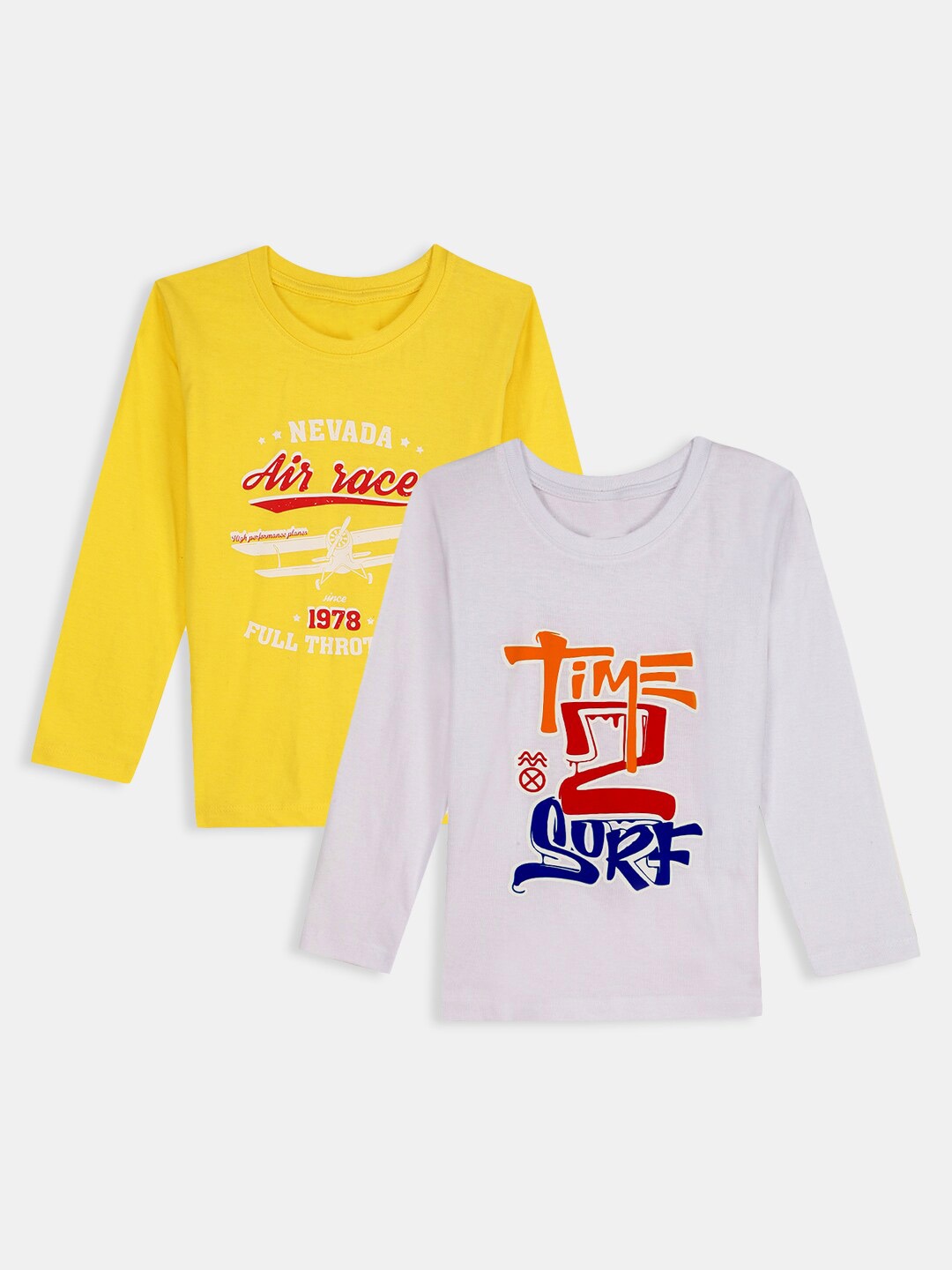 

Hopscotch Boys White & Yellow Typography Set Of 2 Printed Cotton T-shirt
