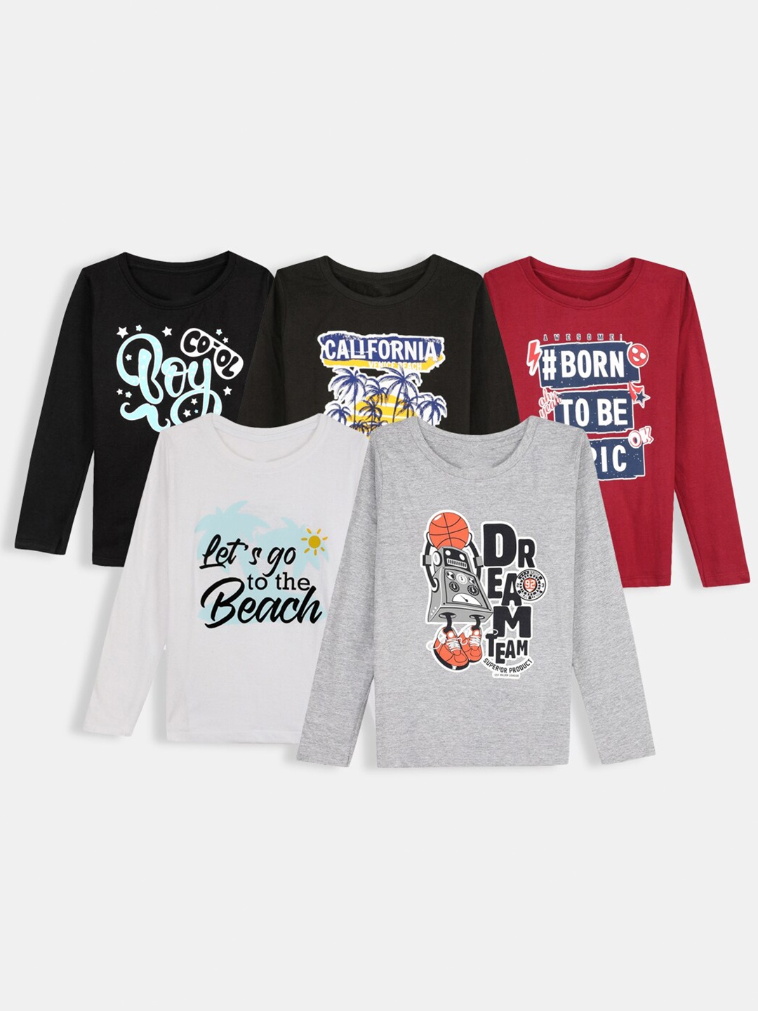 

Hopscotch Boys Typography Set Of 5 Printed Cotton T-shirt, White
