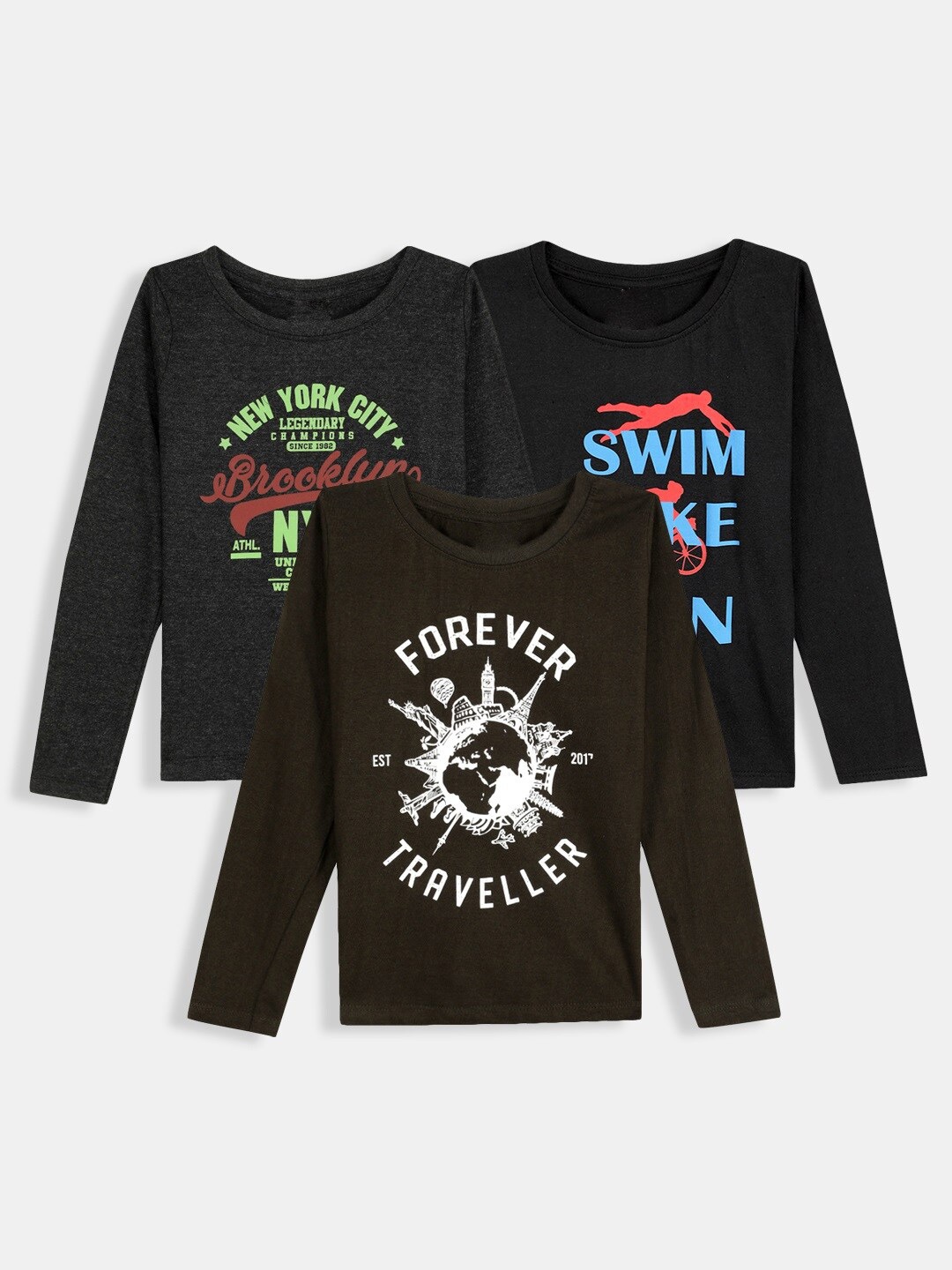 

Hopscotch Boys Brown & Black Typography Set Of 3 Printed Cotton T-shirt