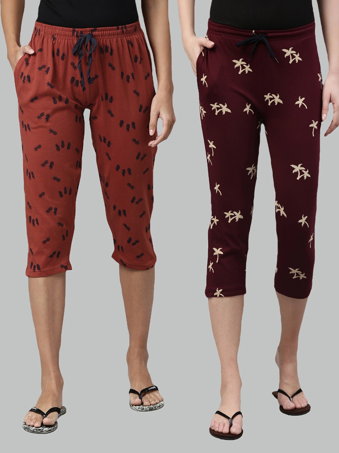 

Kryptic Women Pack of 2 Rust & Maroon Printed Cotton Capris