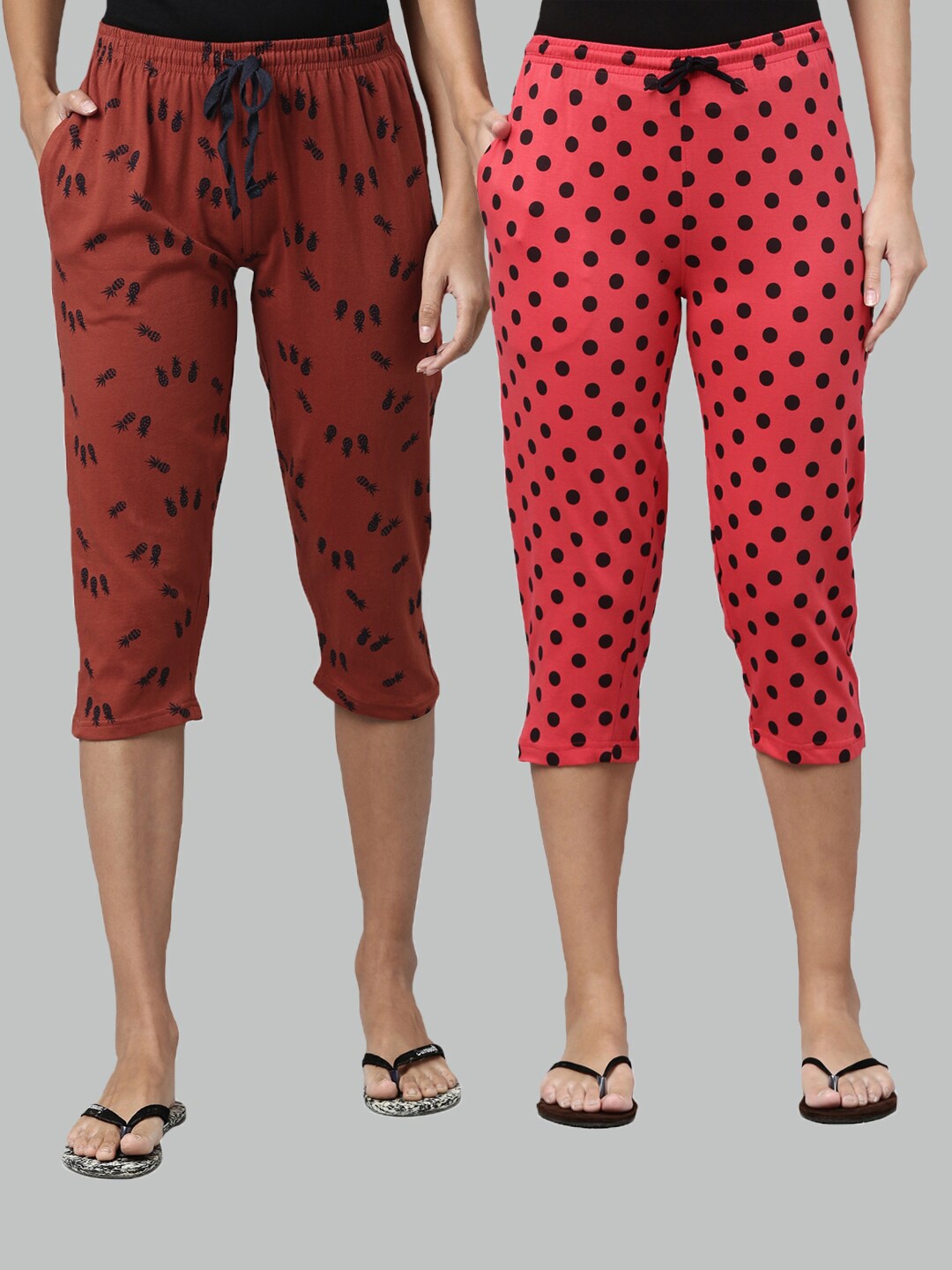 

Kryptic Women Brown & Fuchsia Set of 2 Printed Cotton Capris