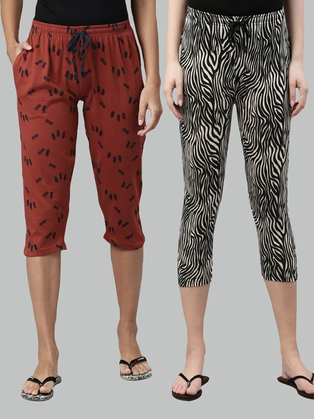 

Kryptic Women Pack Of 2 Rust & Black Printed Cotton Capris