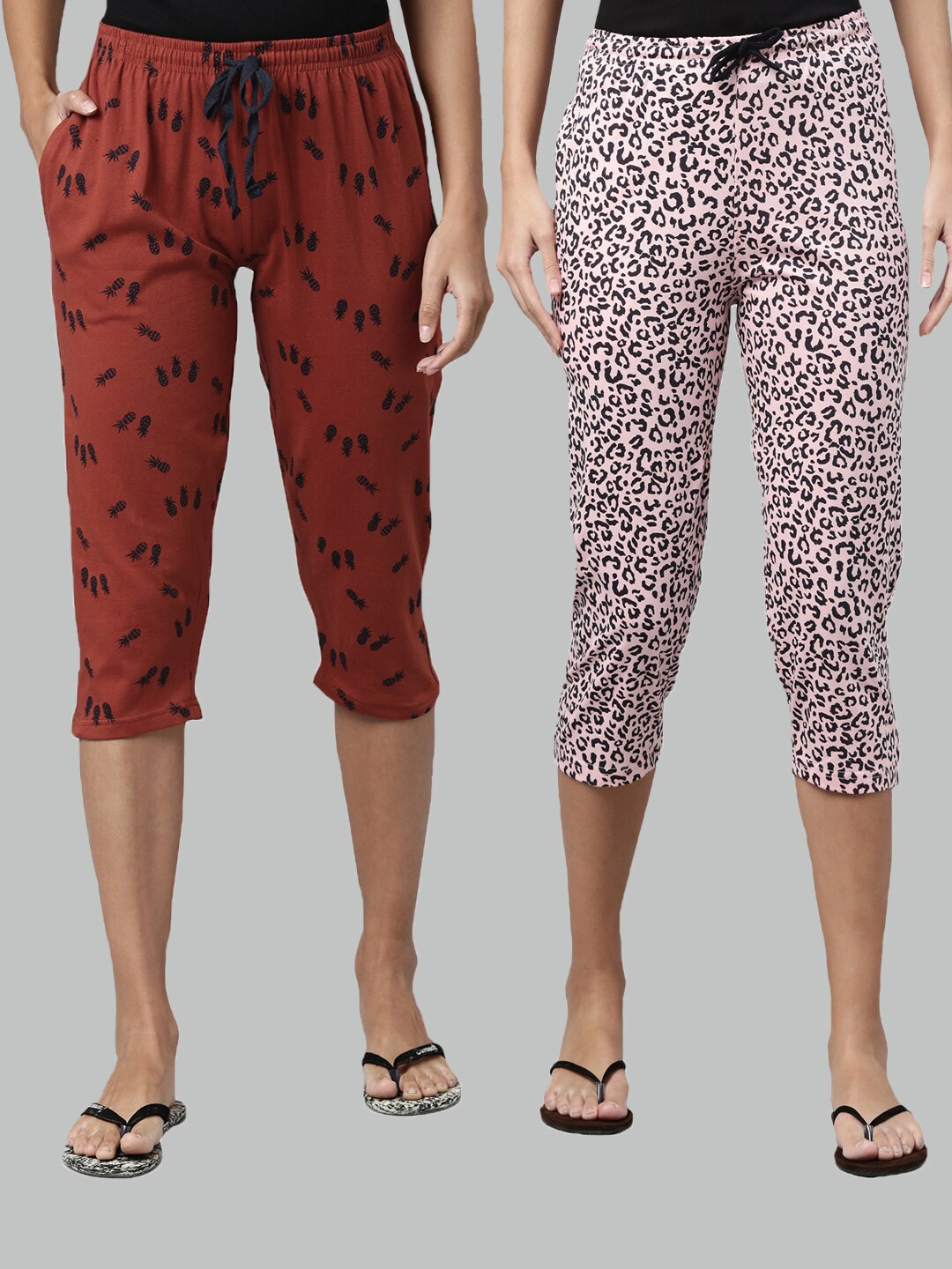 

Kryptic Women Pack of 2 Brown & Pink Printed Cotton Capris