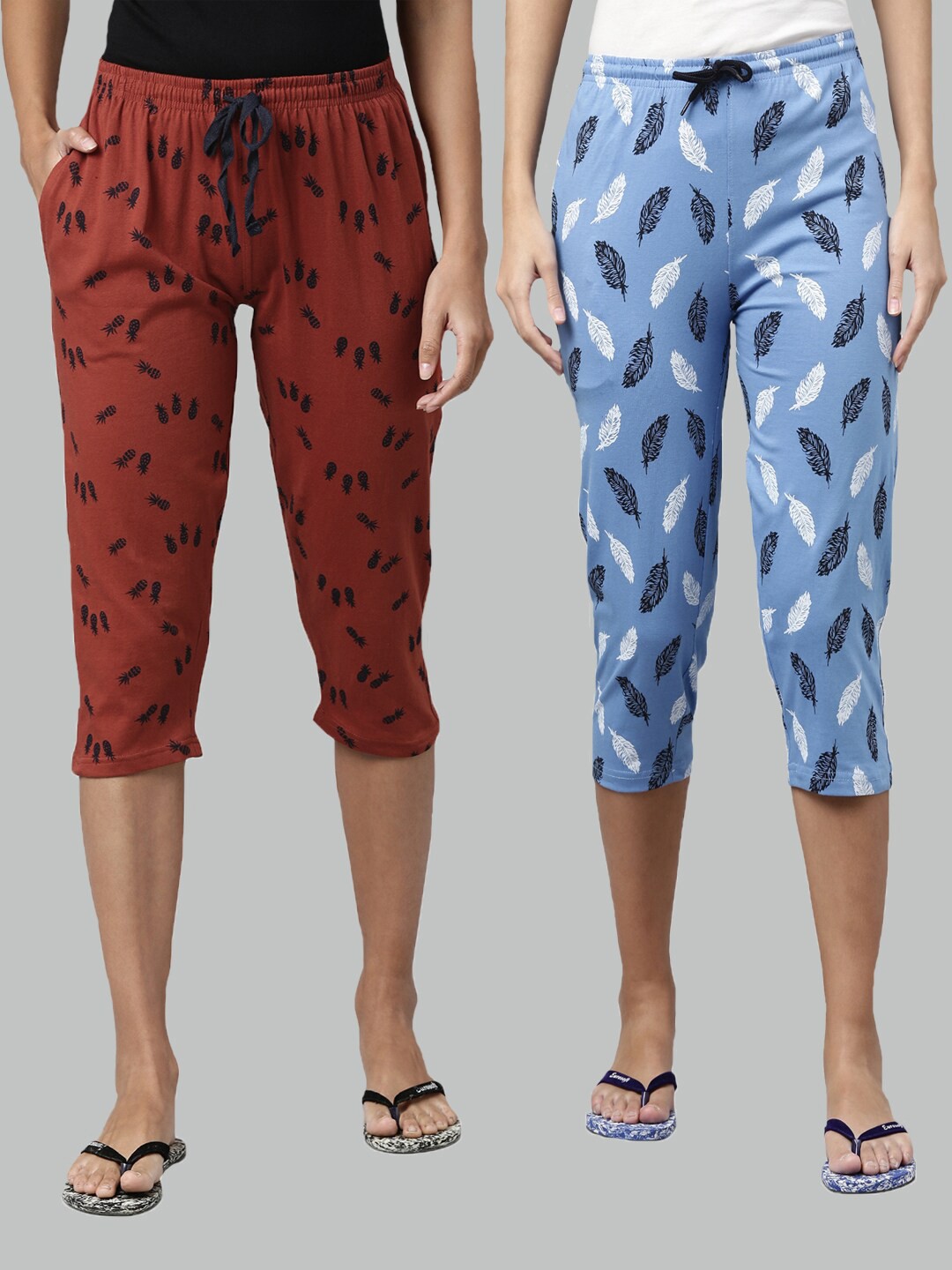 

Kryptic Women Set Of 2 Brown & Blue Slim Fit Printed Cotton Capris