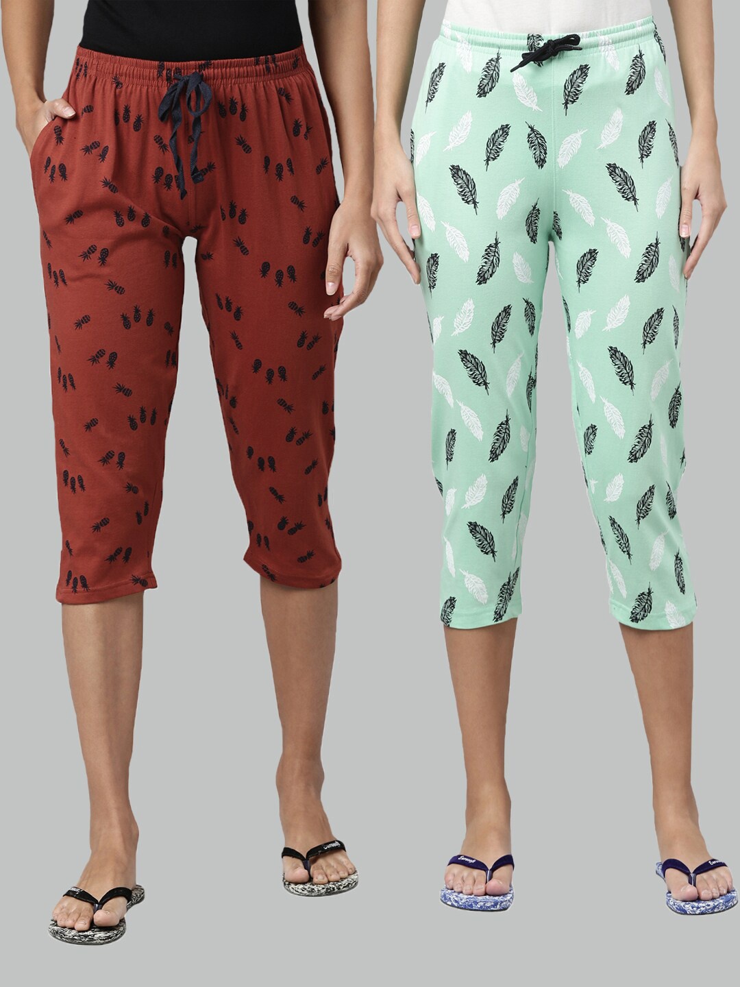 

Kryptic Women Rust & Green Set Of 2 Printed Cotton Capris