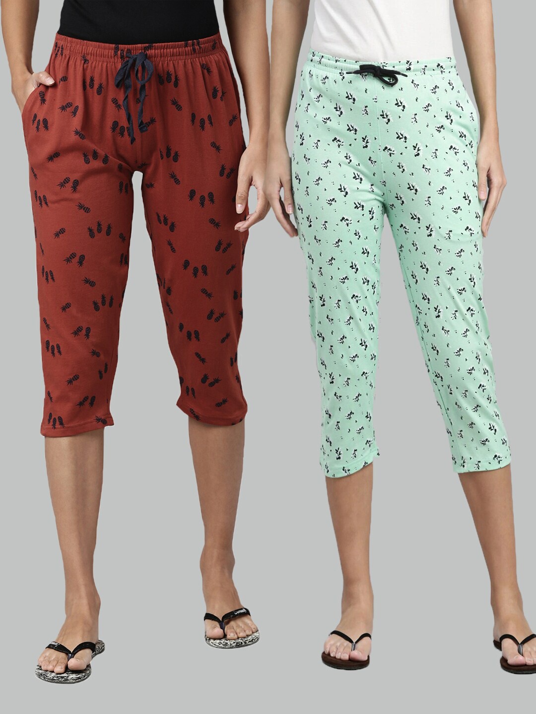

Kryptic Women Brown & Green Set of 2 Printed Cotton Capris