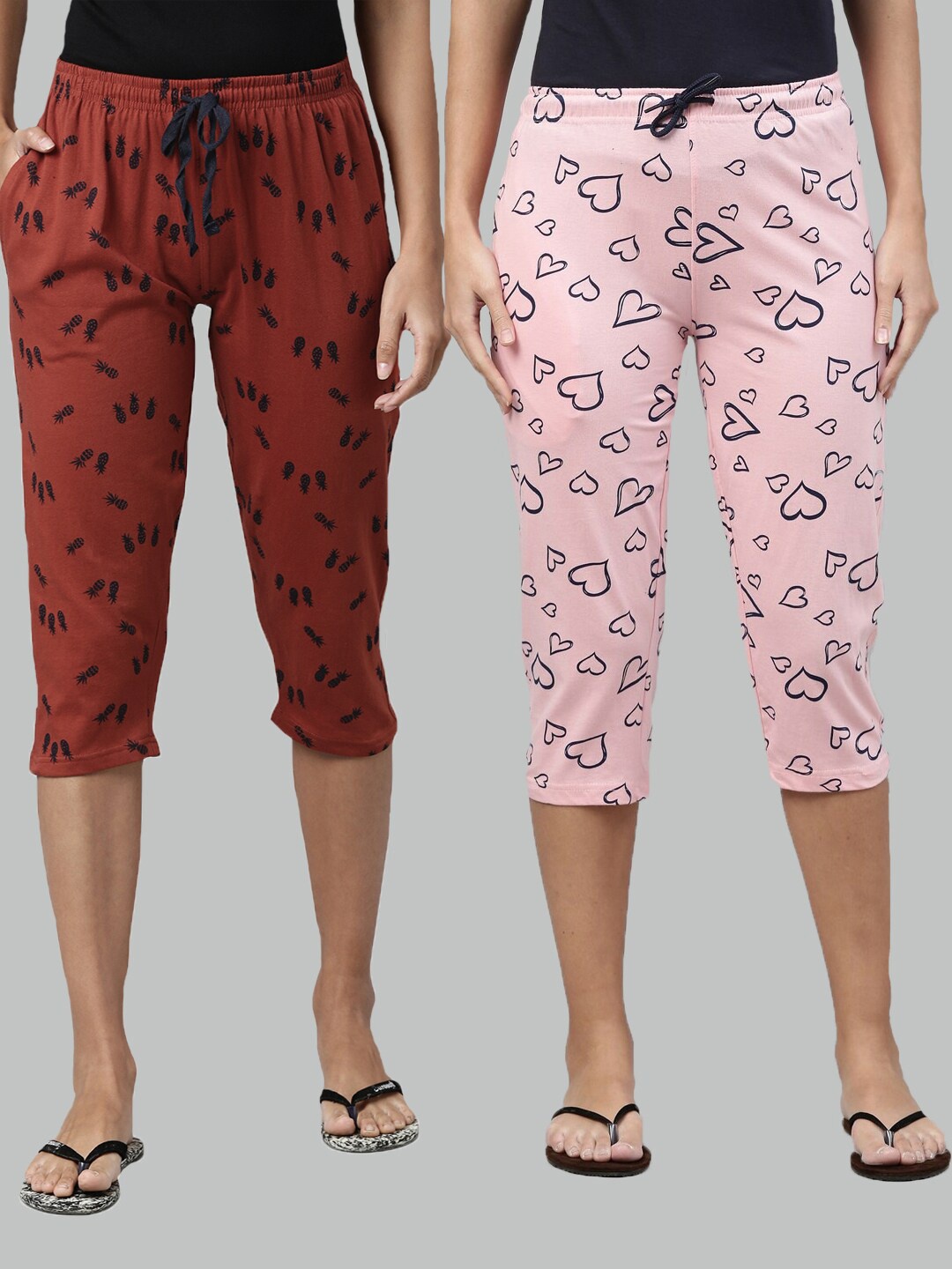 

Kryptic Women Rust & Pink Pack Of 2 Pure Cotton Printed Capris