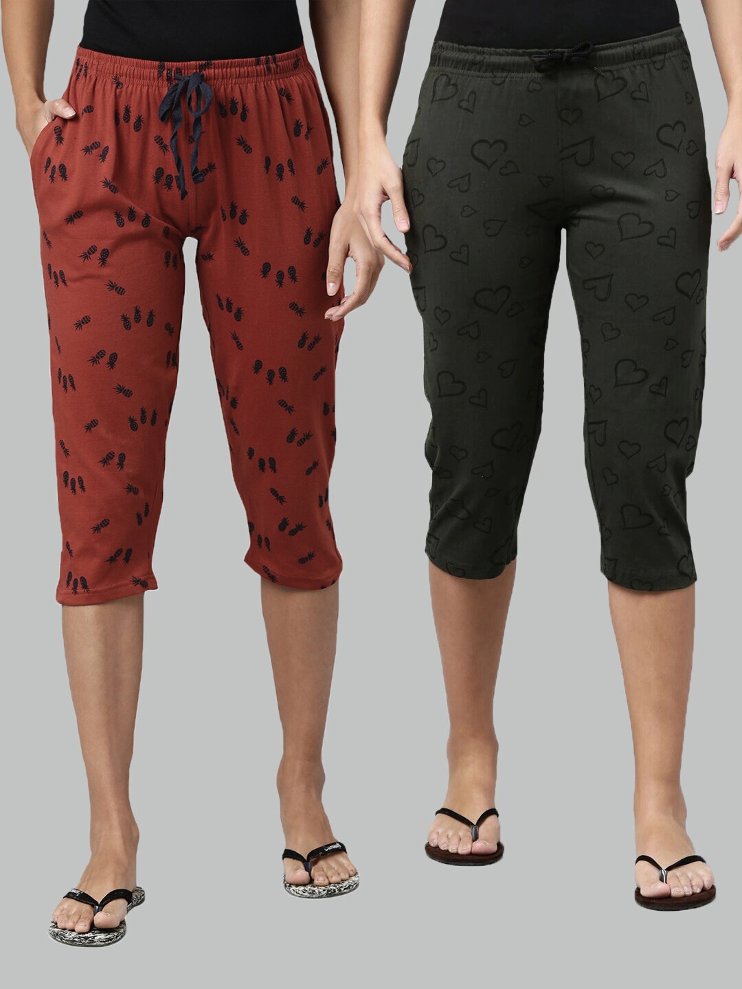 

Kryptic Women Rust & Olive Green Printed Pure Cotton Capris Pack Of 2