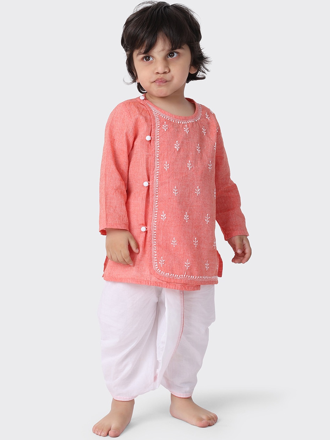

Fabindia Boys Peach & White Ethnic Motifs Embroidered Pure Cotton Kurti with Dhoti Pants