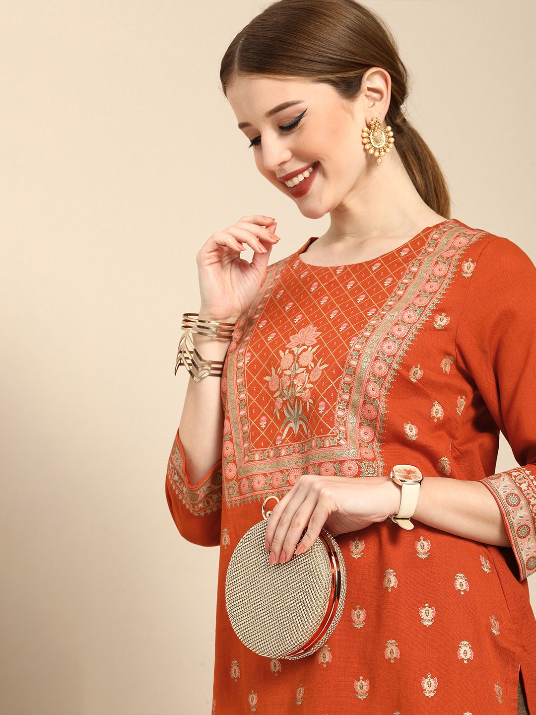 

Anouk Women Rust & Golden Cotton Linen Ethnic Motifs Printed Kurta
