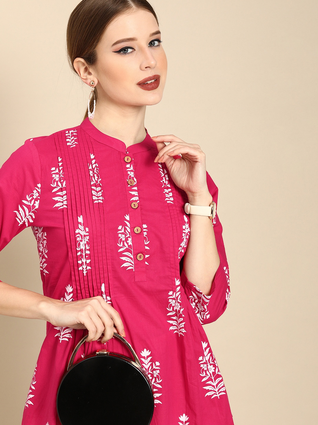 

Anouk Women Pink & White Pure Cotton Ethnic Motifs Printed Pleated Kurti