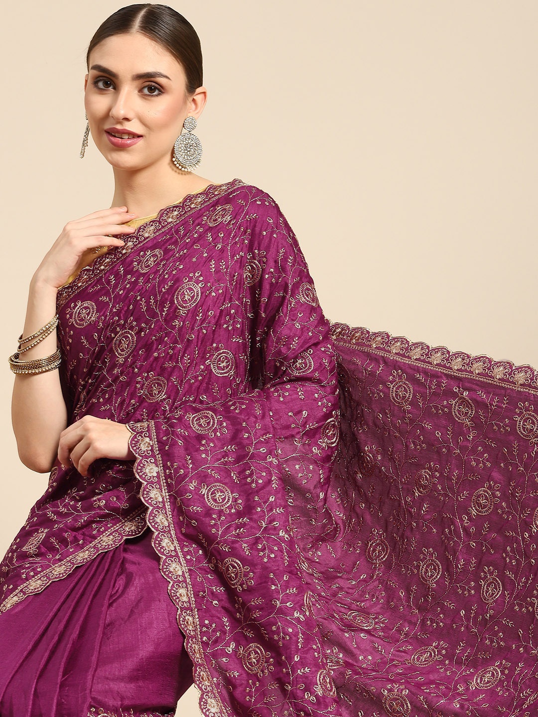 

all about you Purple & Golden Floral Embroidered Silk Blend Saree