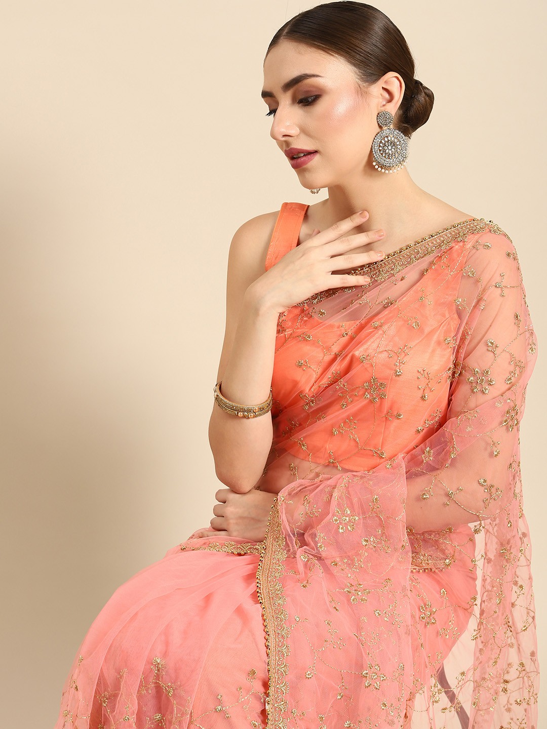 

all about you Pink & Golden Floral Embroidered Net Saree