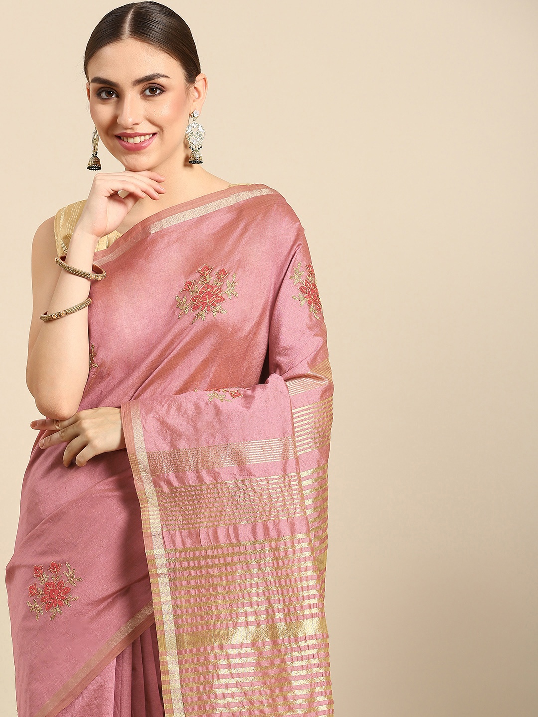 

all about you Mauve & Golden Floral Silk Blend Saree