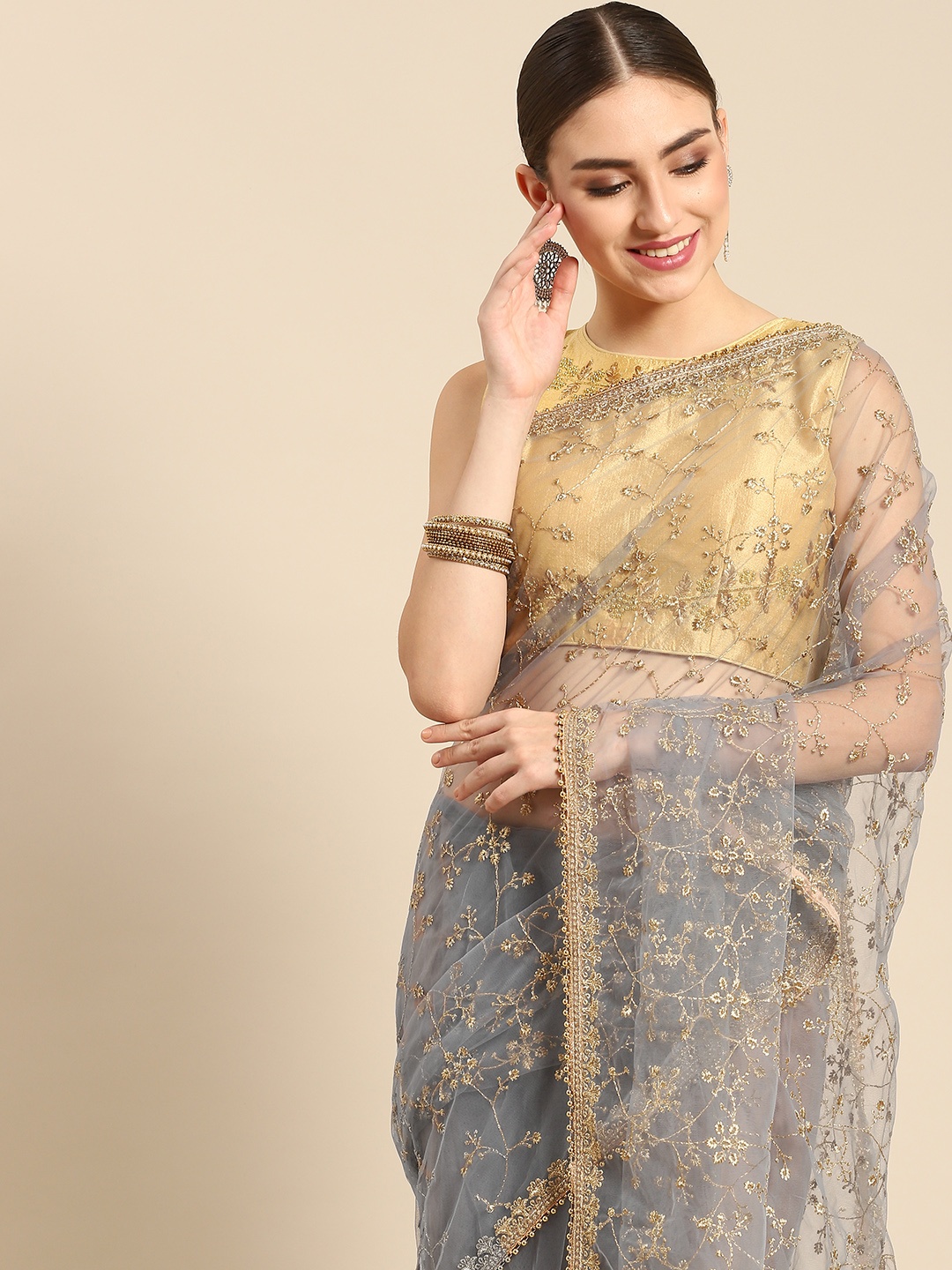 

all about you Grey & Golden Floral Net Saree