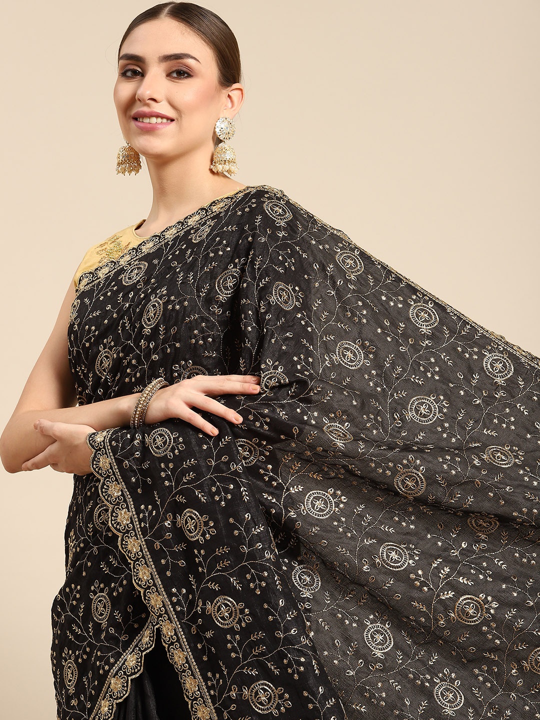 

all about you Black & Golden Floral Silk Blend Saree