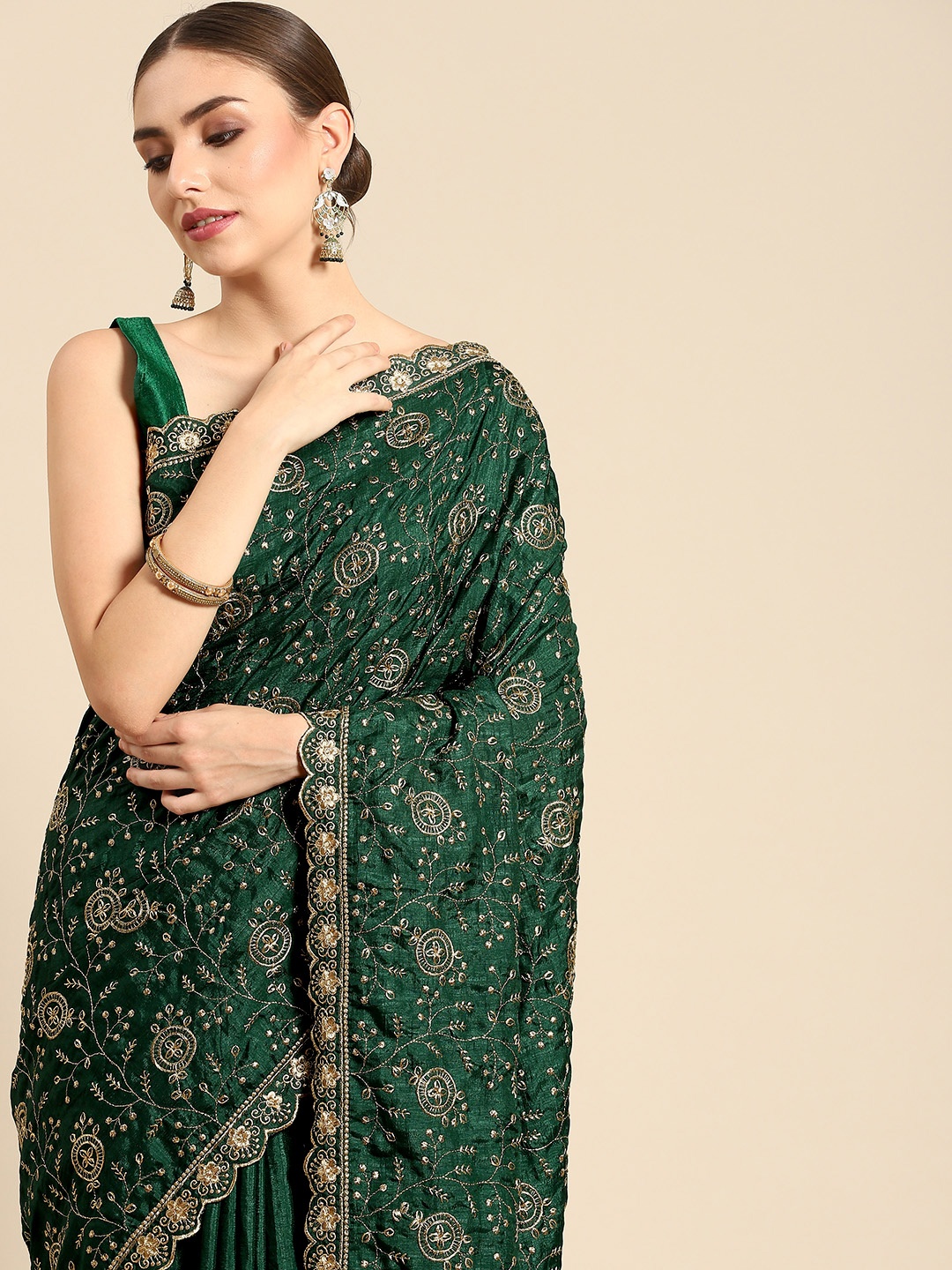 

all about you Green & Golden Floral Silk Blend Saree