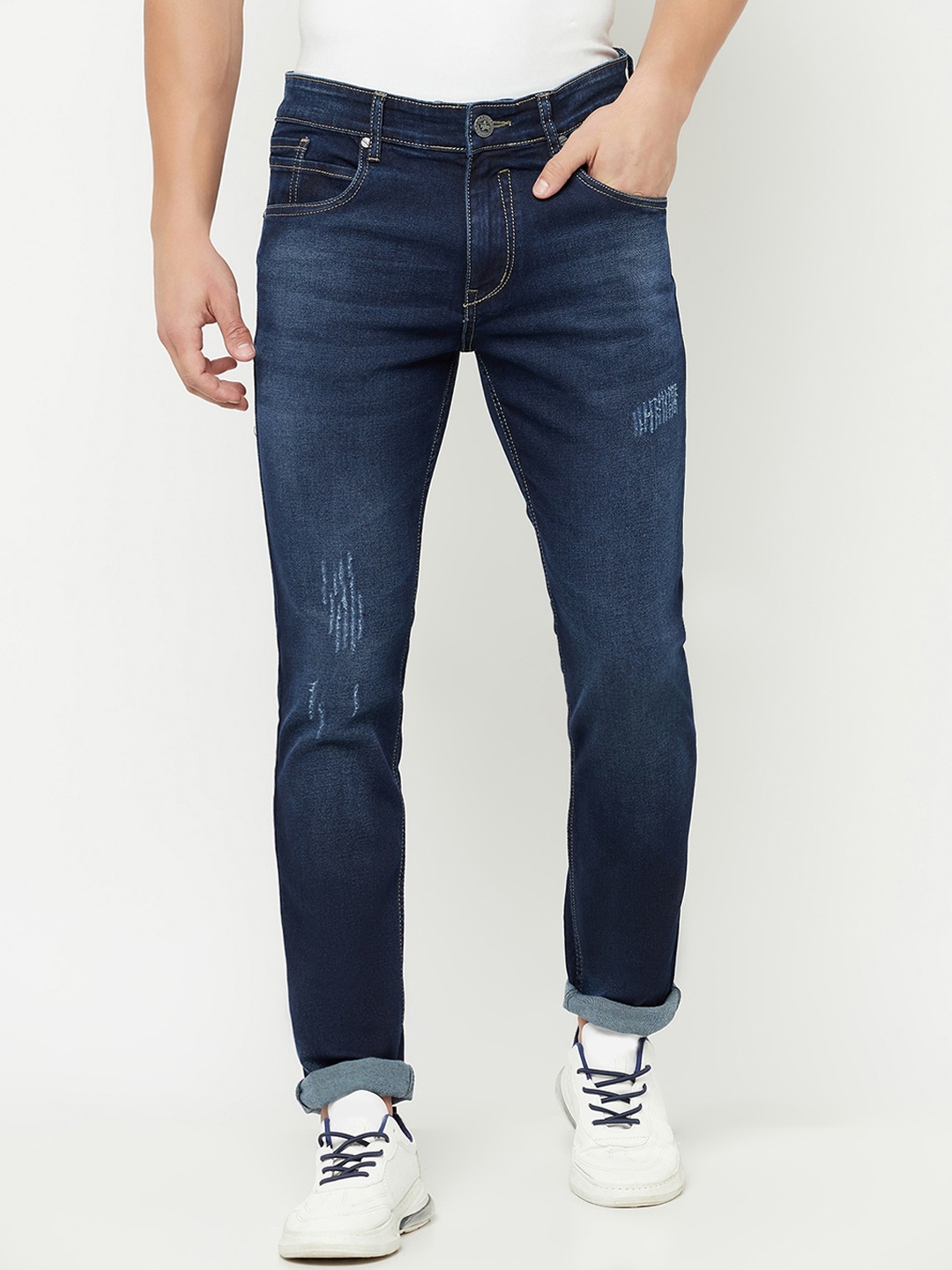 

Cantabil Men Blue Low Distress Light Fade Stretchable Jeans