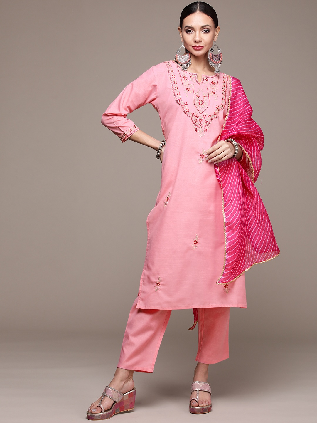 

Anubhutee Women Pink Floral Embroidered Thread Work Kurta with Trousers & With Dupatta