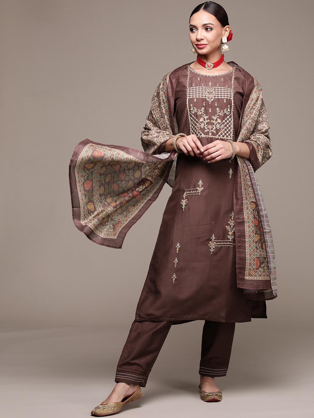 

Anubhutee Women Coffee Brown Ethnic Motifs Embroidered Kurta with Trousers & Dupatta