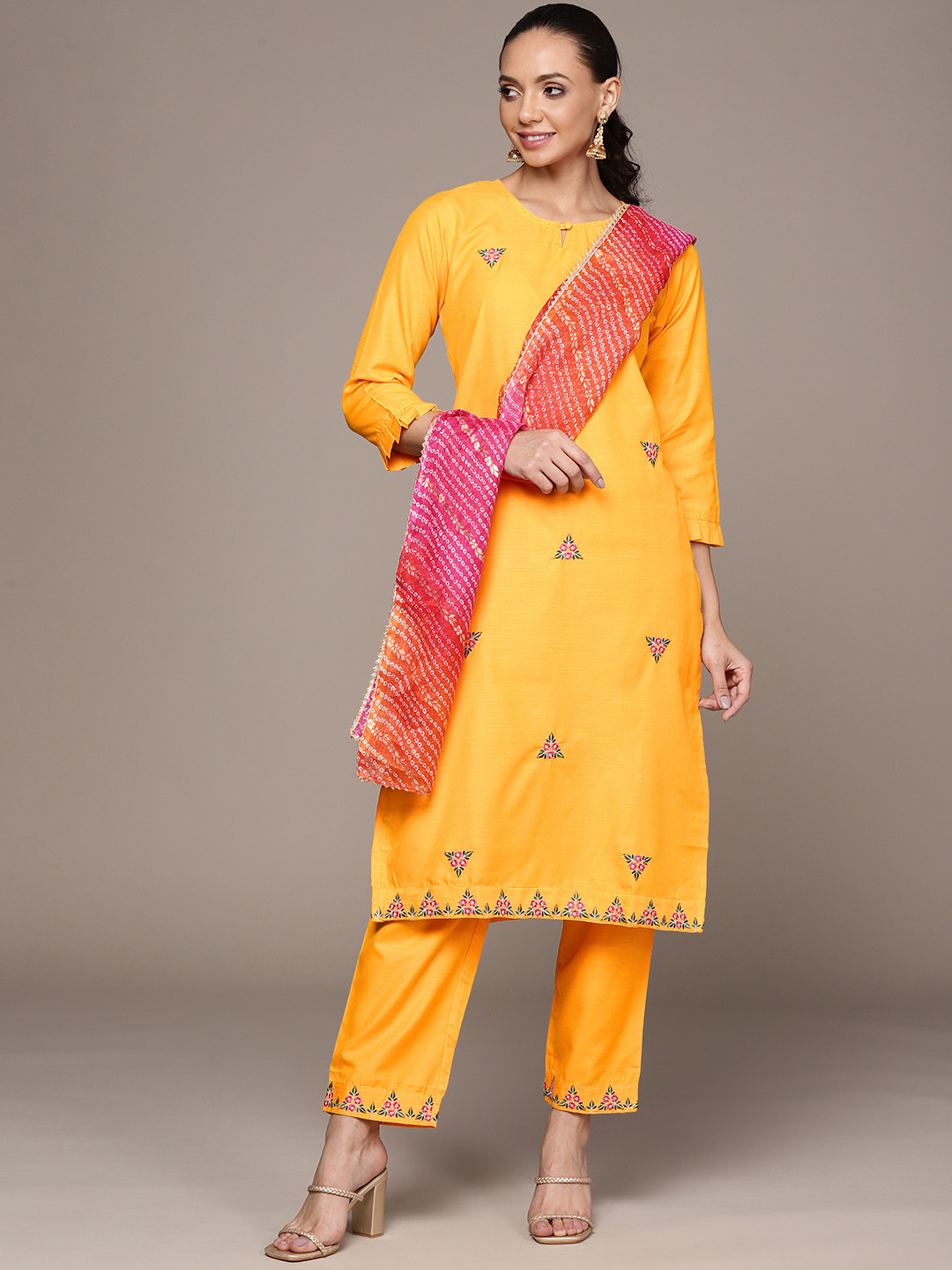

Anubhutee Women Mustard Yellow Floral Embroidered Thread Work Kurta with Trousers & With Dupatta