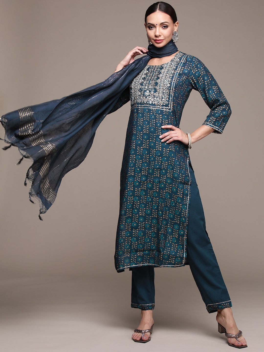 

Anubhutee Women Teal Blue Ethnic Motifs Embroidered Detail Kurta with Trousers & Dupatta