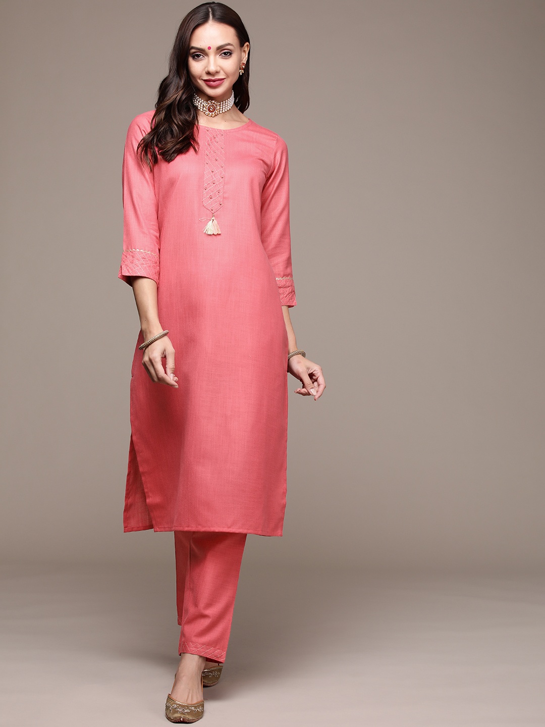 

Anubhutee Women Pink Yoke Design Beads and Stones Kurta with Trousers