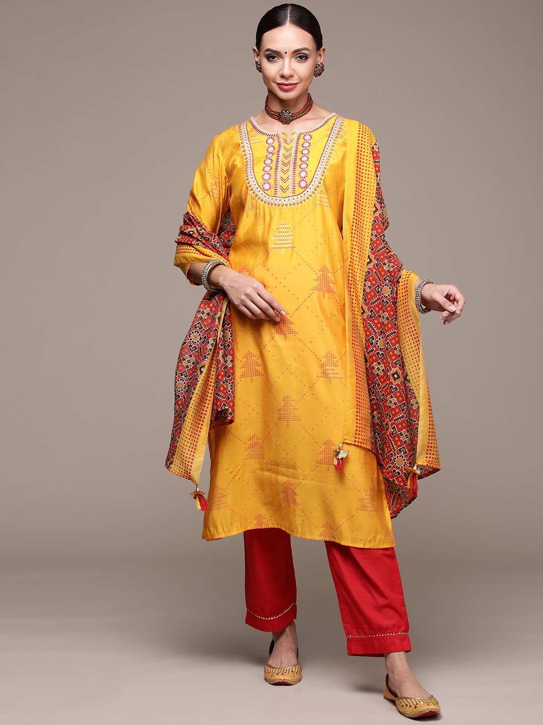 

Anubhutee Women Mustard Yellow Ethnic Motifs Embroidered Kurta with Trousers & Dupatta