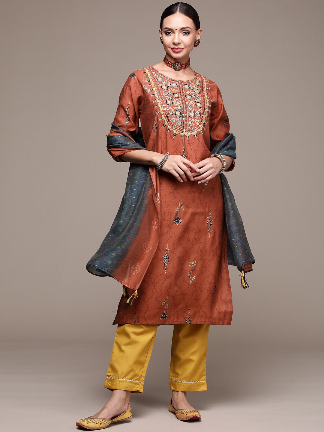 

Anubhutee Women Brown Floral Embroidered Kurta with Trousers & With Dupatta