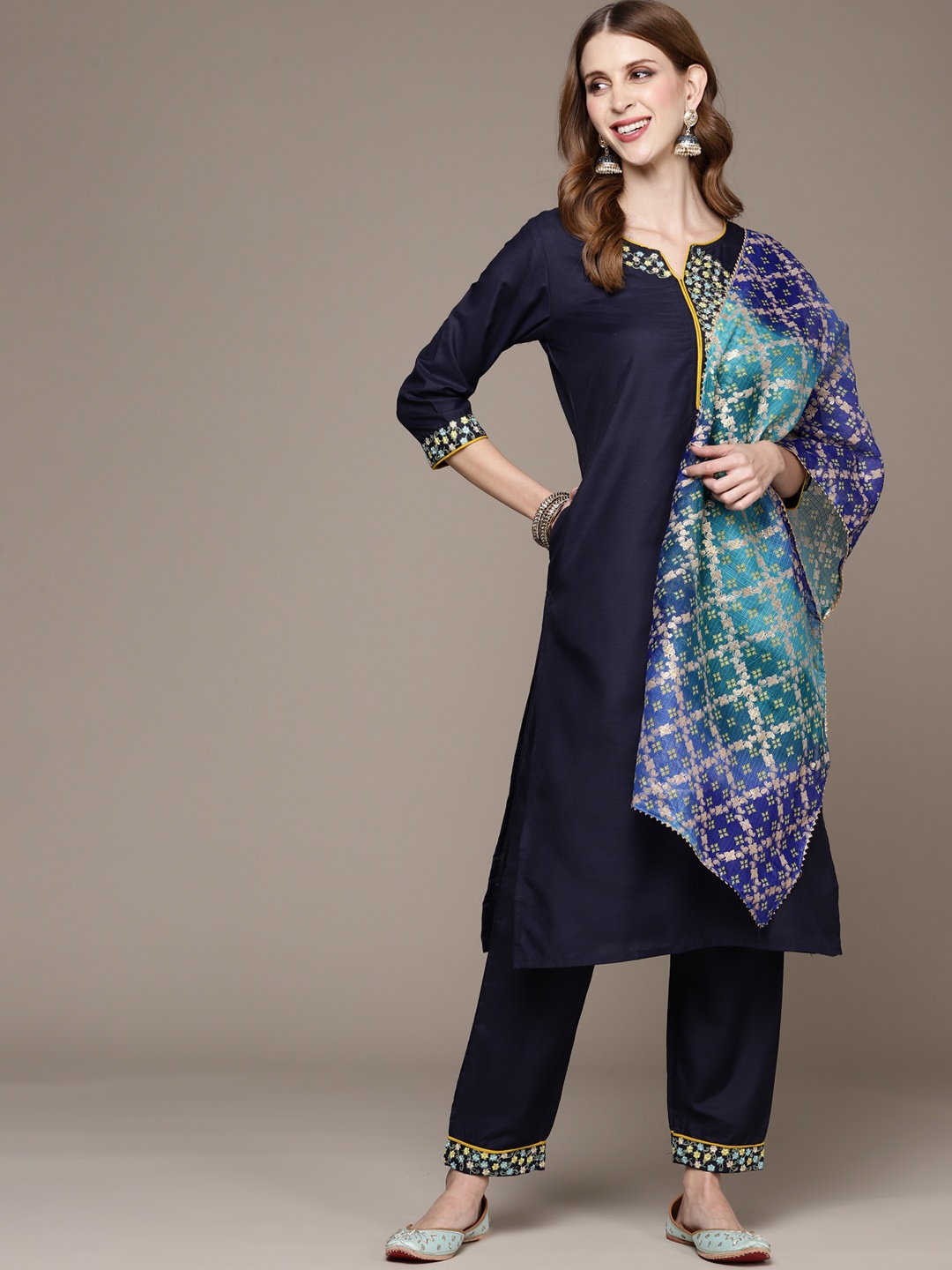

Anubhutee Women Navy Blue Kurta with Trousers & With Dupatta