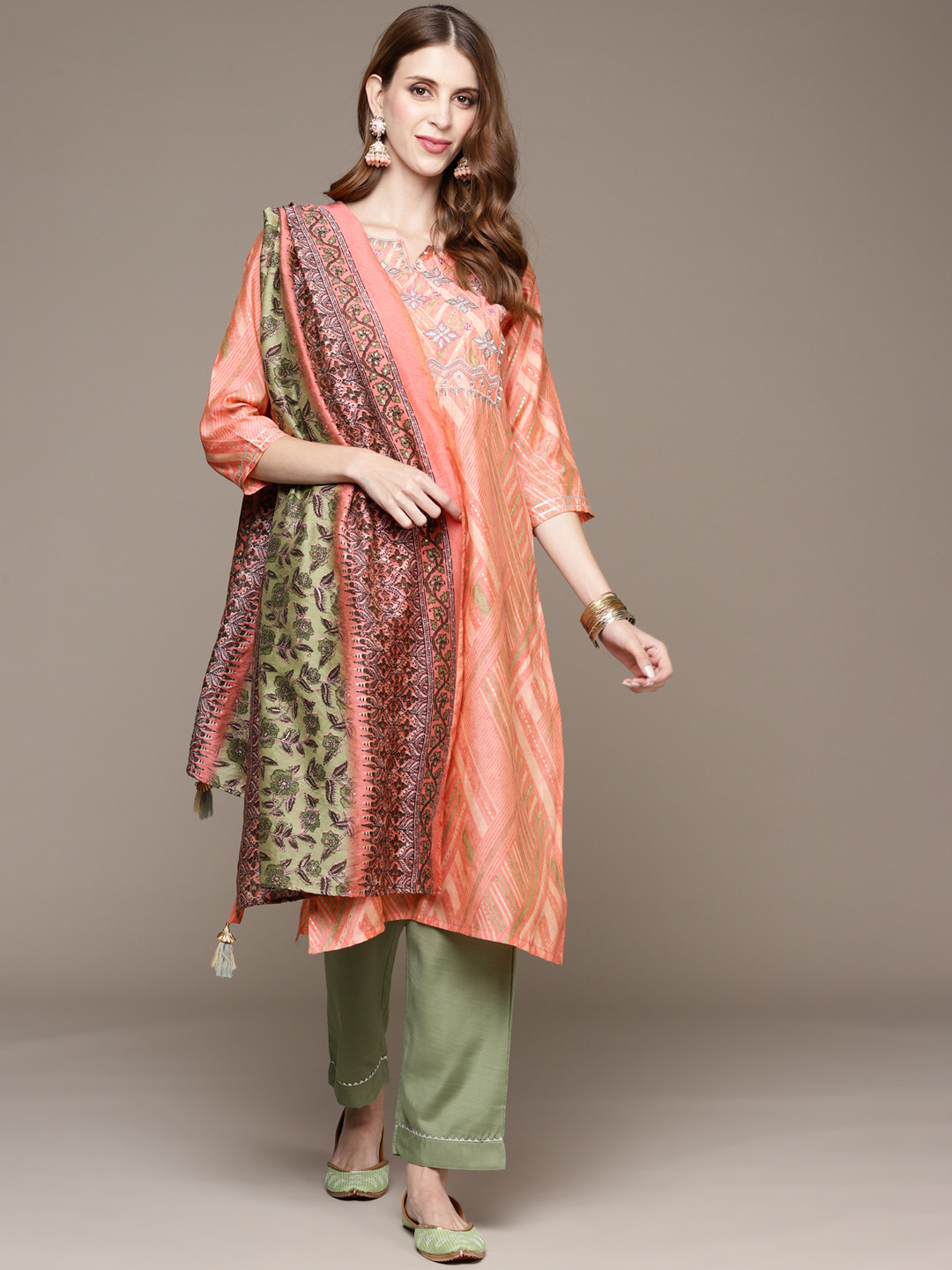 

Anubhutee Women Peach-Coloured & Olive Green Floral Print Kurta with Trousers & Dupatta