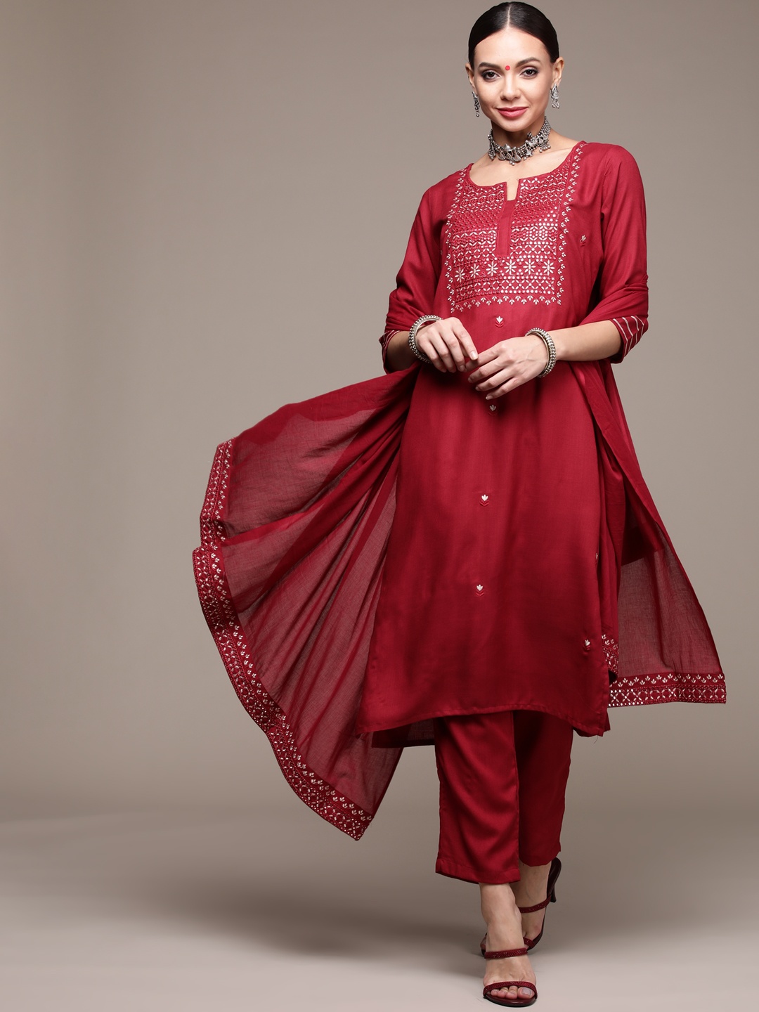 

Anubhutee Women Maroon Floral Embroidered Mirror Work Kurta with Trousers & With Dupatta