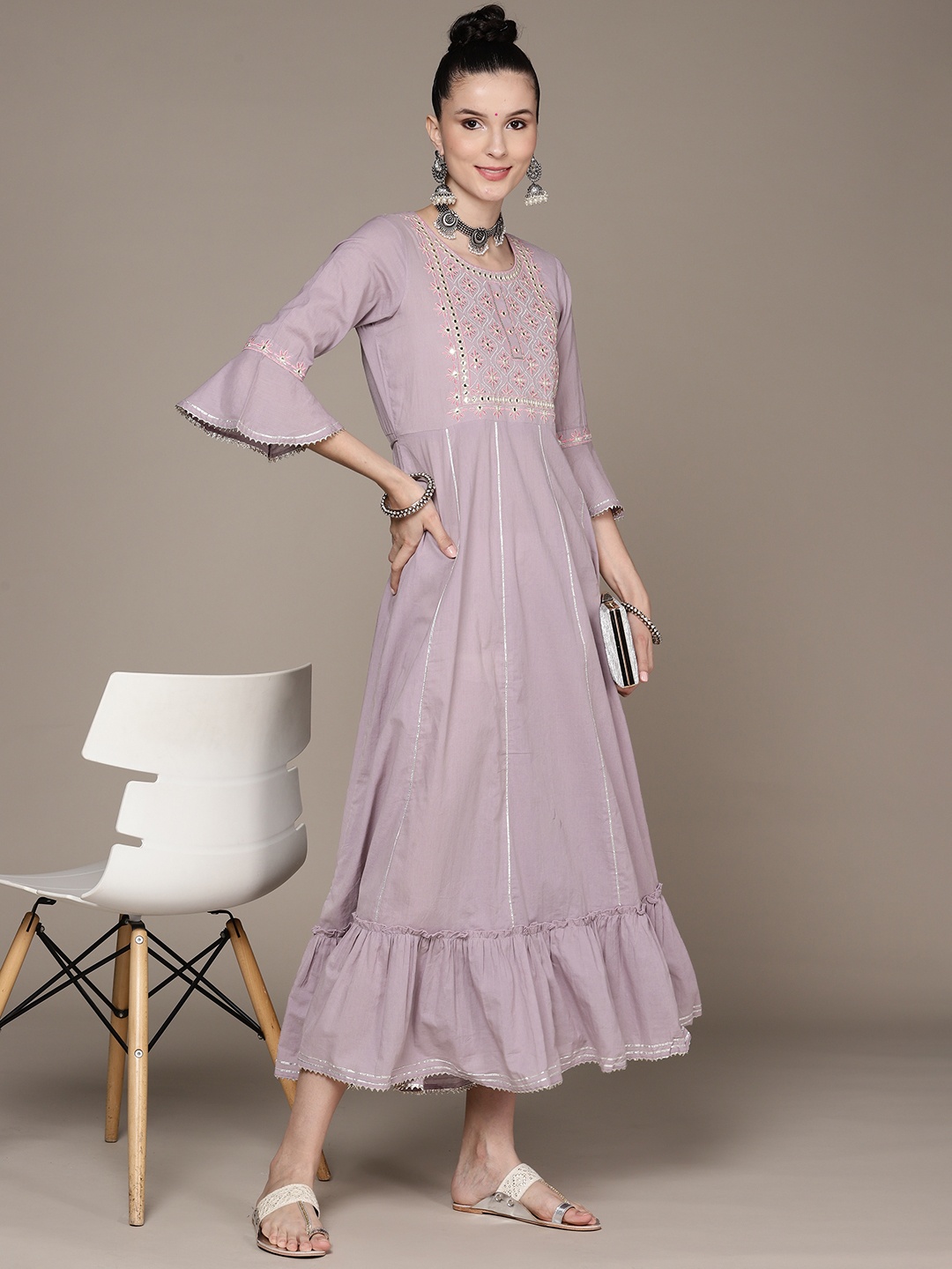 

Anubhutee Women Lavender Pure Cotton Floral Embroidered Ethnic Maxi Dress