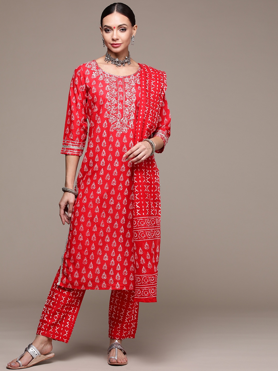 

Anubhutee Women Red Printed Pure Cotton Kurta with Trousers & With Dupatta