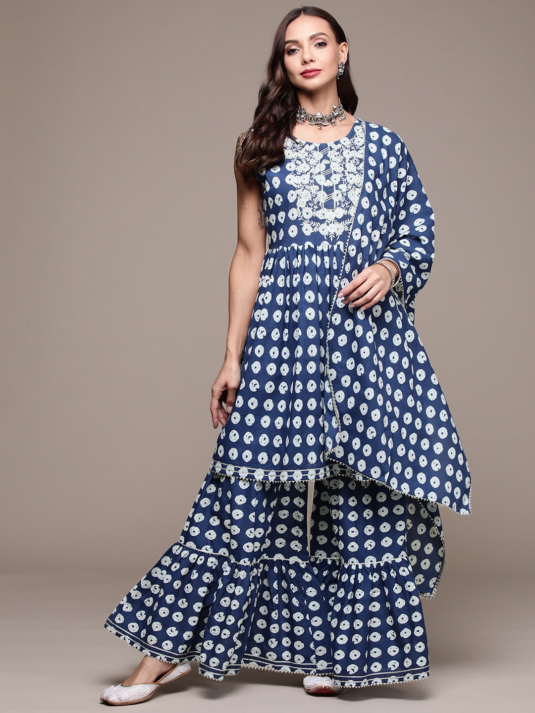 

Anubhutee Women Blue Printed Pure Cotton Kurta with Sharara & With Dupatta