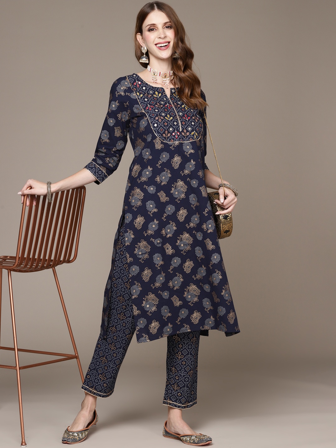 

Anubhutee Women Navy Blue Ethnic Motifs Printed Pure Cotton Kurta with Trousers
