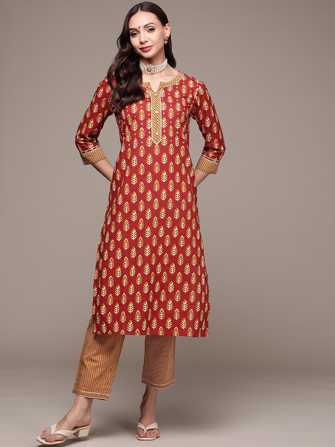 

Anubhutee Women Rust Red Printed Pure Cotton Kurta with Trousers