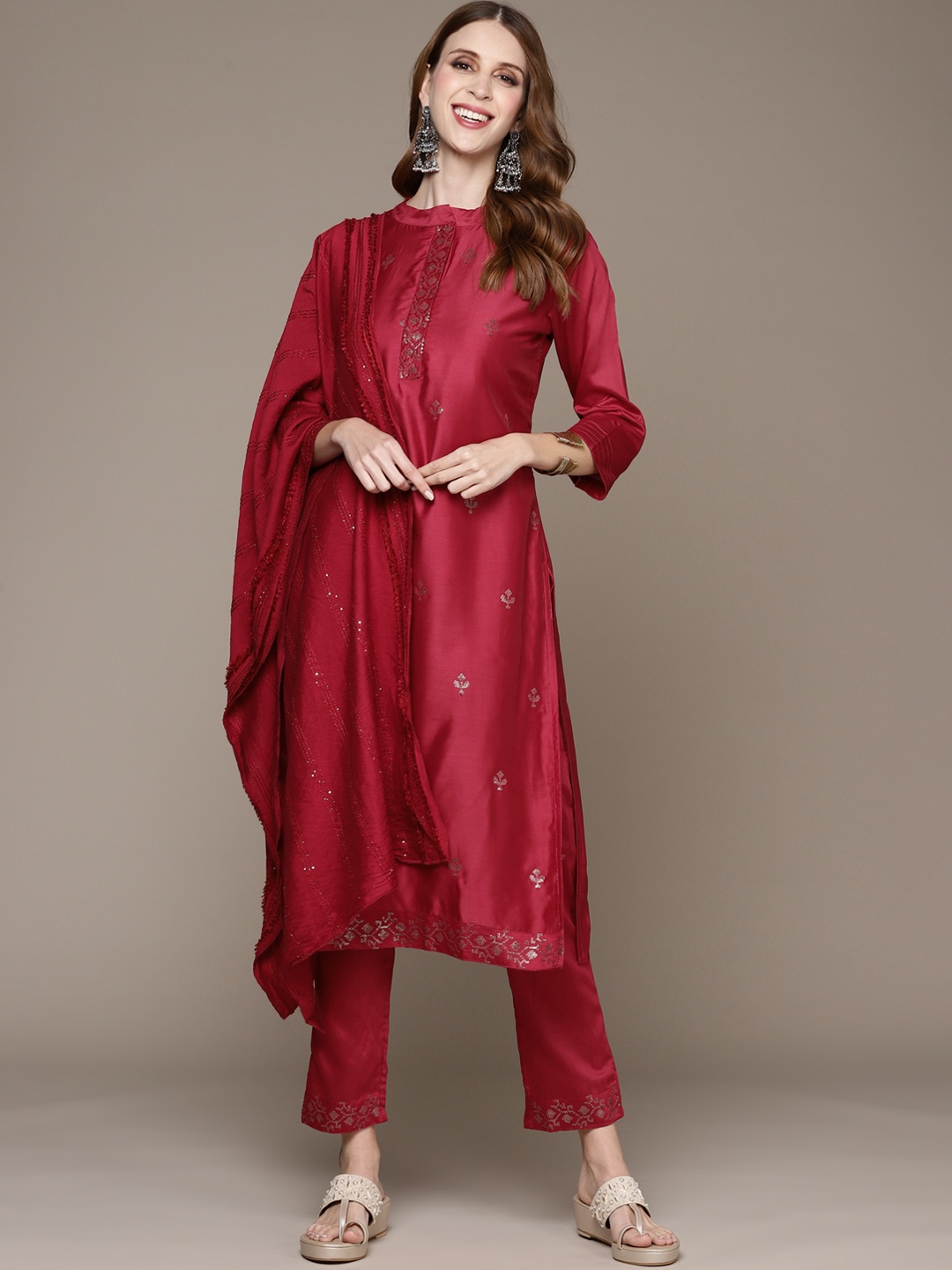 

Anubhutee Women Fuchsia Ethnic Motifs Embroidered Thread Work Kurta Trousers & Dupatta
