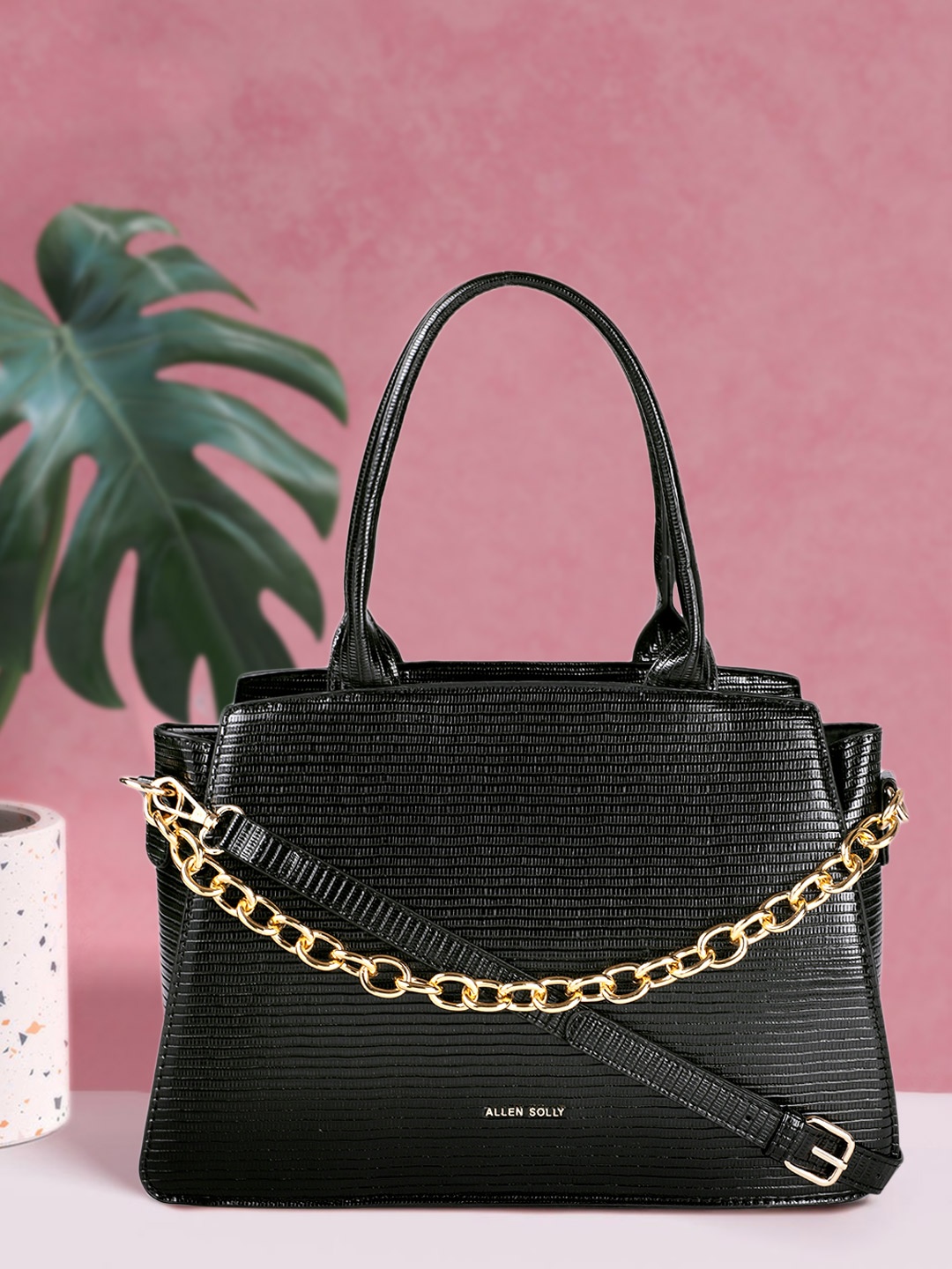 

Allen Solly Black Textured Structured Handheld Bag